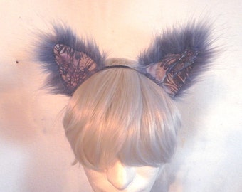 Violet Cat Ears cosplay fuzzy patchwork batik colorful ears headband rave catboy kawaii unisex hair accessory