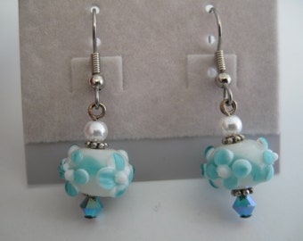 Aqua and white floral lampwork glass earrings with Swarovski crystal