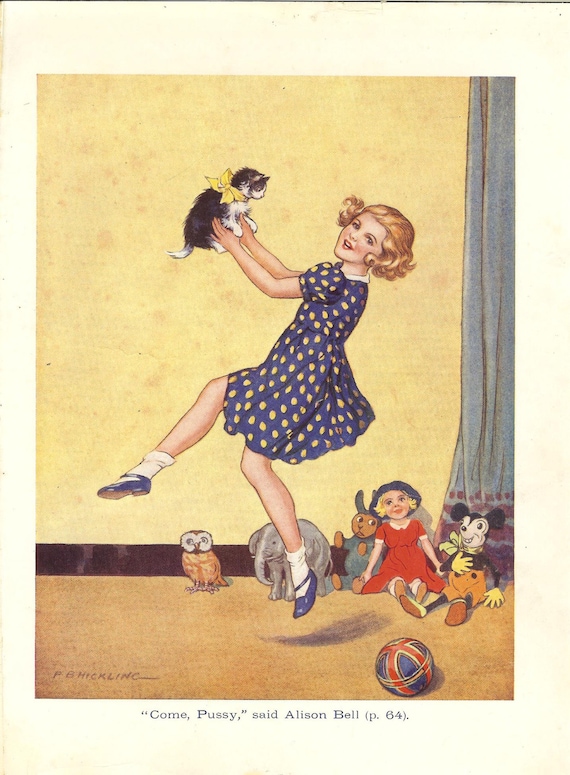 1941 Vintage Children's Print P B Hickling Young Girl Blonde Hair Dances Black White Kitten Row Of Toys Book Plate Book Illustration