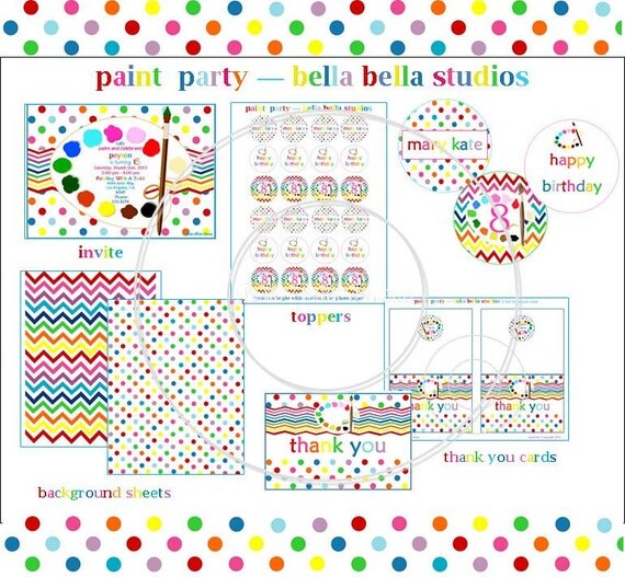PAINT Party, ART Party CUSTOMIZED Party Collection - Invitation, Thank You Card and Party Circles - Bella Bella Studios Il_570xn