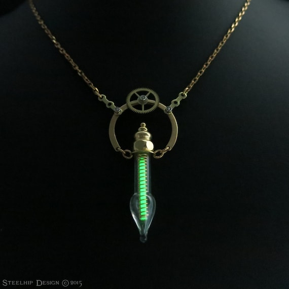 Tritium green steampunk pendant Glow in the dark glass vial