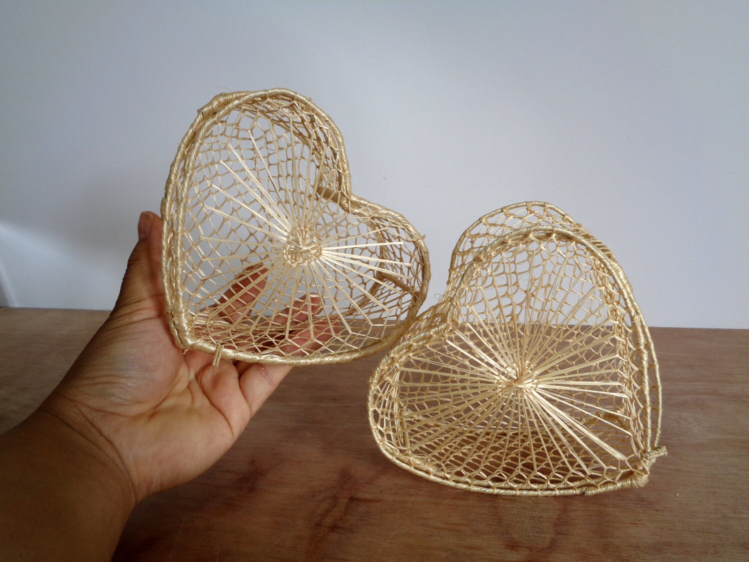 CLEARANCE Woven Straw Heart Baskets Set of 2 by WhiteElephantCo
