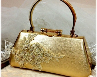 Wedding clutch,Golden Bridal clutch,pearl crystal clutch, vintage inspired bridal evening bag, bridesmaid Golden clutch