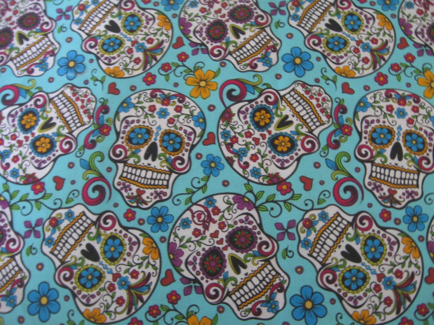 SALE sugar skulls teal fabric by the yard fabric piece