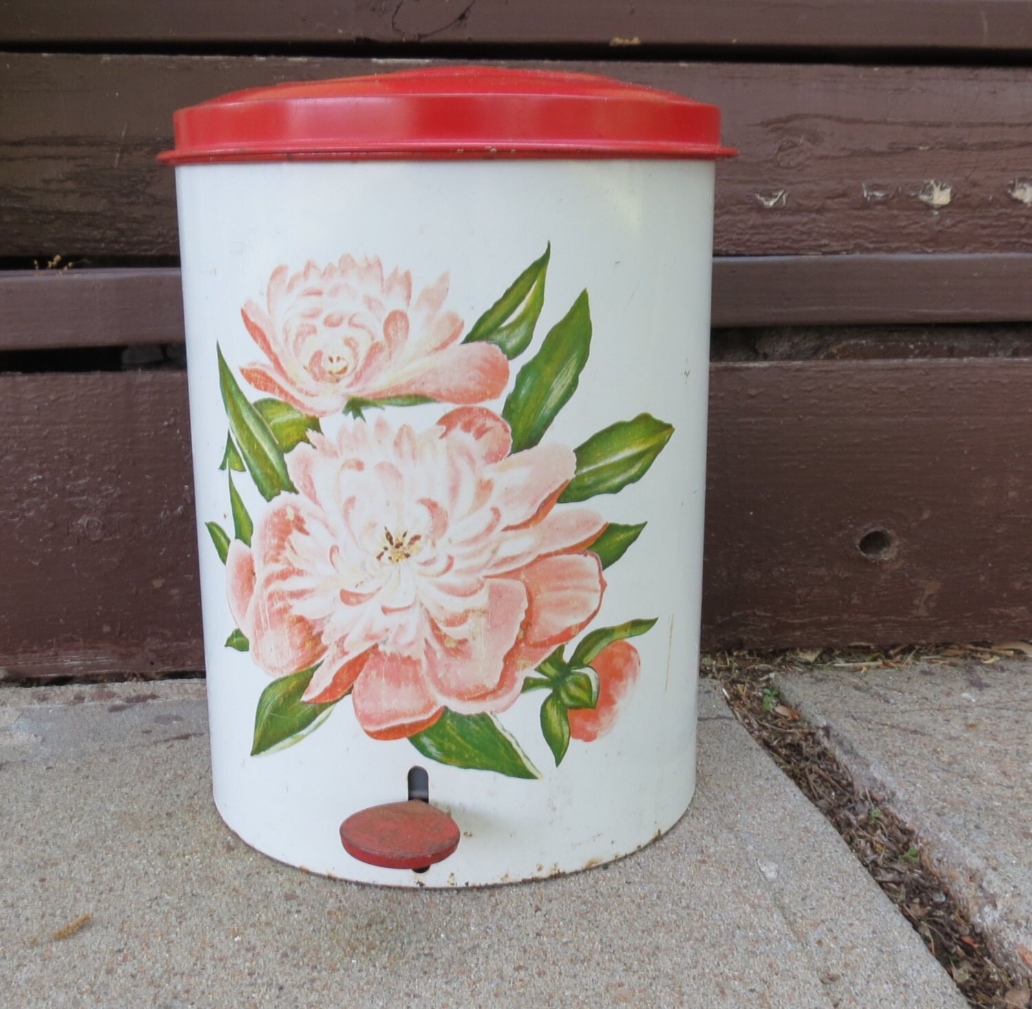 Vintage Trash Can Pink Peonies Decoware Pop Up Lid Kitchen