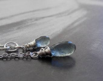 Moss Aquamarine Briolette Sterling Silver Necklace, Gemstone Necklace, Minimalist, Modern, March Birthstone