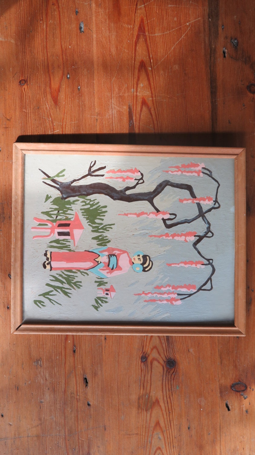 Vintage Paint By Numbers Japanese Scene Pagoda Garden Pink and