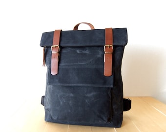 Waxed Canvas Backpack in Black, Gift for Dad, Fathers Day Gift, Zippered Foldover Closure Leather Accessories - 15" Laptop - Waterproof Bag