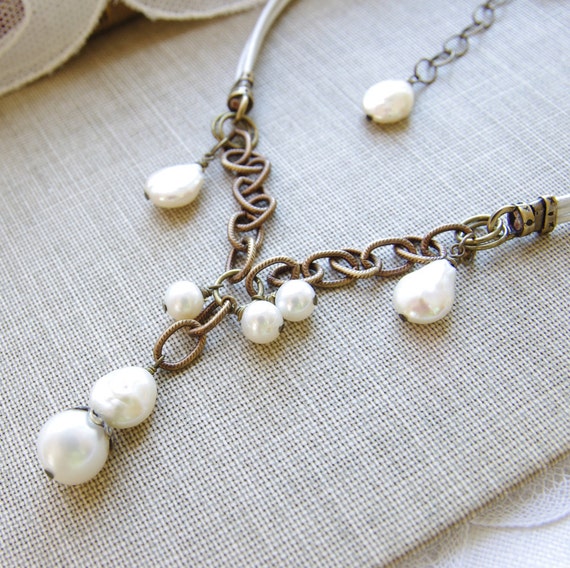 Rustic Pearl Jewelry Beaded Necklace Handmade Jewelry Bronze Brass ...