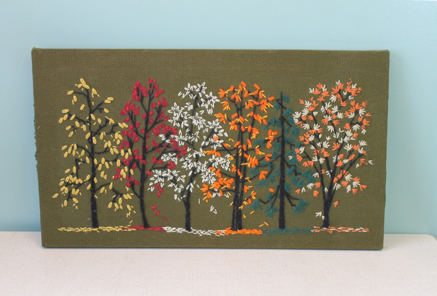 Vintage Embroidery Picture Embroidered Trees