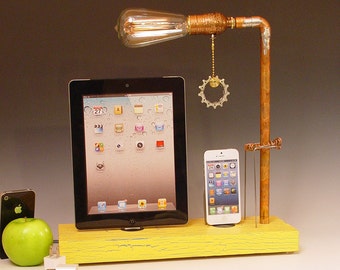 Docking stations and chargers for ANY iPhone/iPad AND table lamp. Reclaimed wood & copper pipe. Edison bulb. USB wall charger. (640)