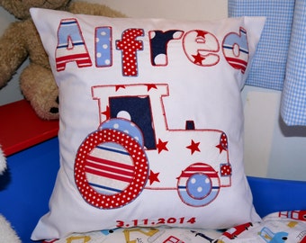 Boys gift Personalized Cushion boys gift Tractor applique design. Nursery bedroom playroom decoration boys or baby gift
