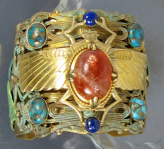 Bijoux égyptien, scarabée manchette, Bracelet égyptien, scarabée dor, Pierre de