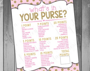 Instant Download What's in Your Purse Baby Shower Game Girl Baby Shower Baby Girl Baby Shower Printables Pink and Gold and Pink Polka Dot