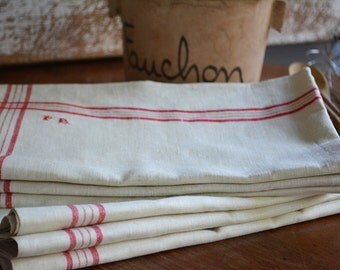 Antique French linens, Vintage tea towels with Red stripes perfect Country French Decor, Initials P R