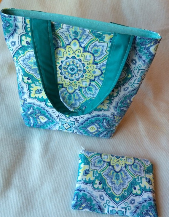 Items similar to Fabric tote bag, zipper pouch, zipper bag, turquoise ...