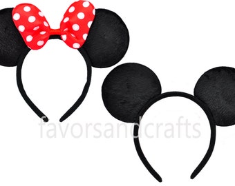 Set of 2-Minnie Mouse Ears, Mickey Mouse Ears, Minnie Ears, Mickey Ears, Minnie Headbands, Mickey Headbands, Red Bows, Birthday Favors