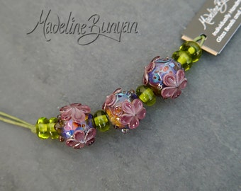 Bright Flower Garden, purple rounds Lampwork bead set (3 plus 6 spacers) SRA