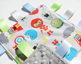 Taggie Baby Super Hero Fabric Silver Minky toddler comforter taggy blanket - baby taggies - Lovey comforter