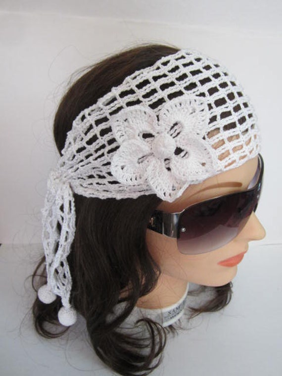 Summer White Lace Headband with Flower Crochet Summer Head