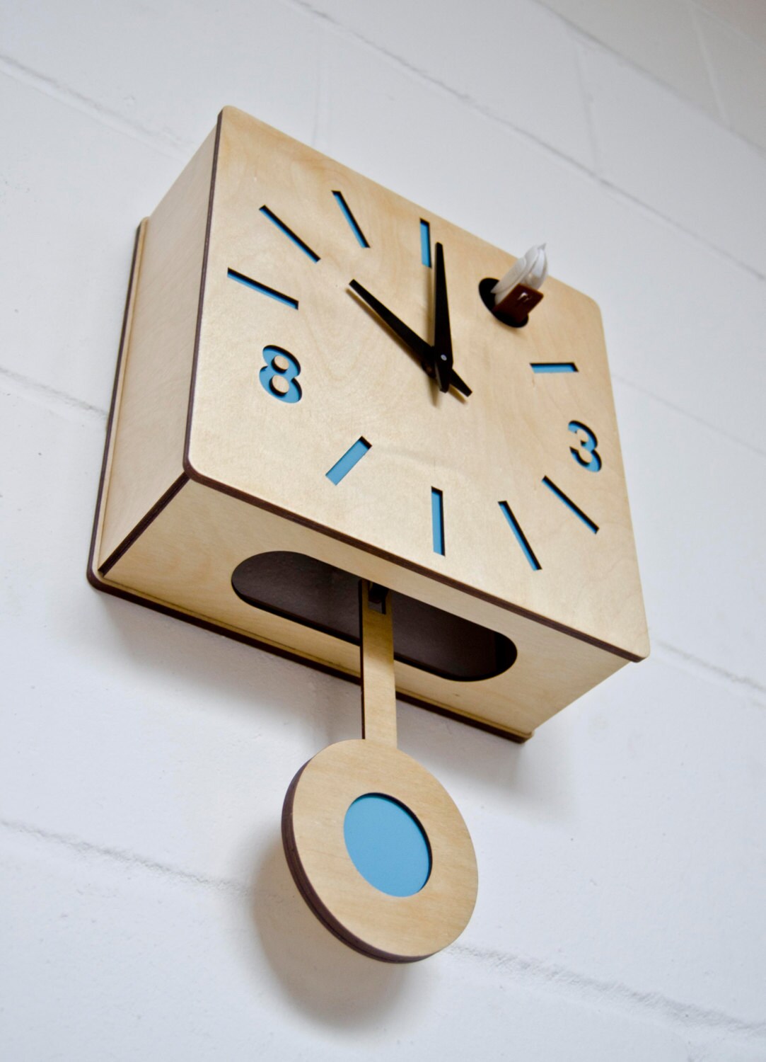 Modern Cuckoo Clock with moving bird Blue Quadri
