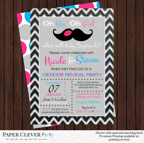 Gender reveal baby shower invitations -- lipstick and mustache reveal party pink and blue chalkboard chevron, typography printable design Il_570xn