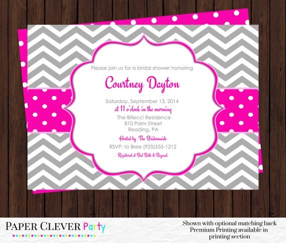 Hot pink and gray bridal shower invitations -- stylish modern chevron stripe with polka-dots digital file or printed invites Il_570xn