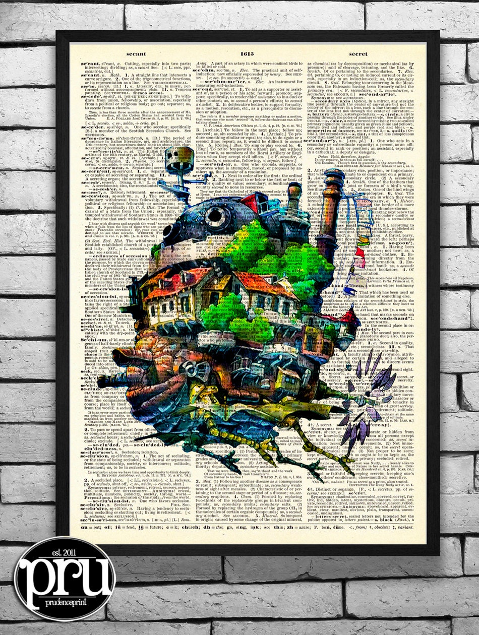 Howls Moving Castle Studio Ghibli Print on an Antique Unframed Upcycled Bookpage steampunk buy now online