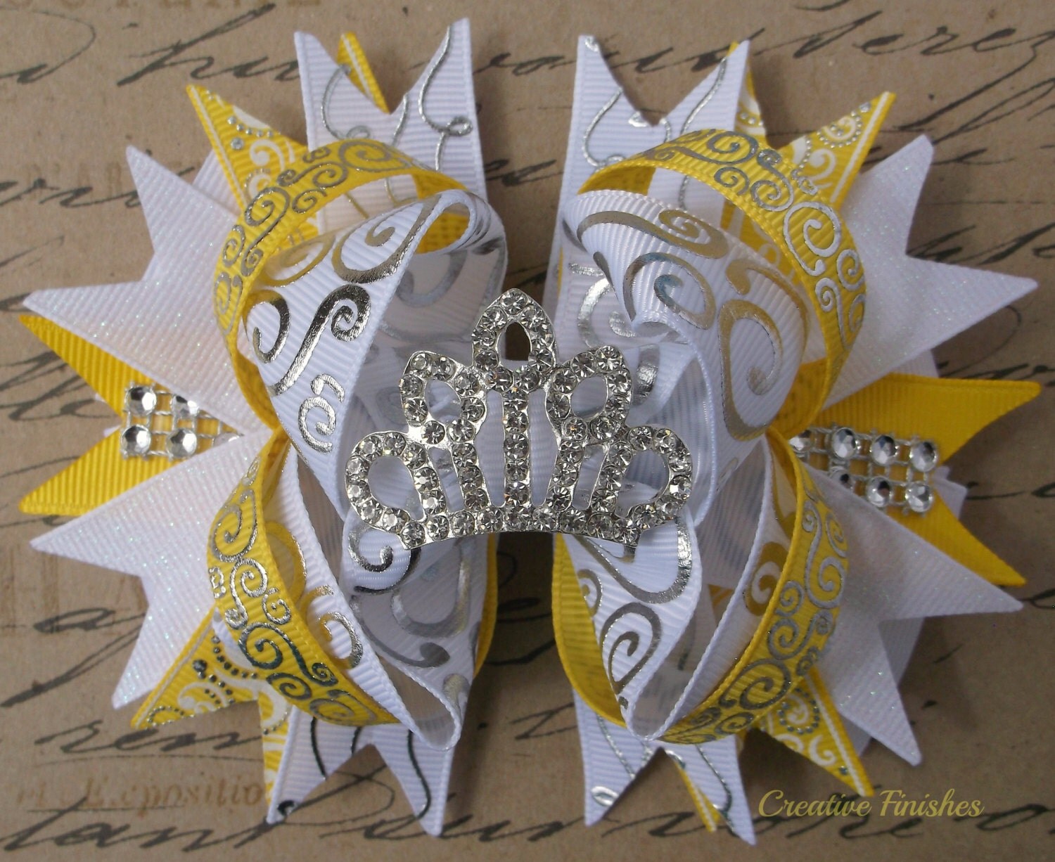 Belle Hair Bow Tiara Rhinestone Center Yellow and White