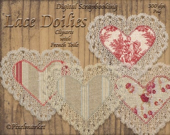 French Toile Doilies Heart ClipArts Realistic Lace Doilies Toile Fabric Applique Burlap Texture Printable Download Scrapbooking Web Blog e16