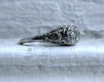 Antique Platinum Diamond Cluster Engagement Ring - 0.45ct.
