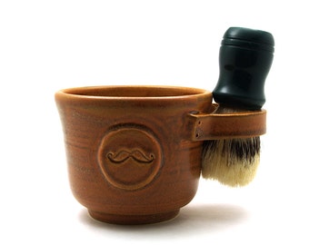 Mustache Shaving Mug, Brown Ceramic Moustache Shave Cup - Brush NOT Included - Ready to Ship Wet Shaving Fathers Day Husband Gift