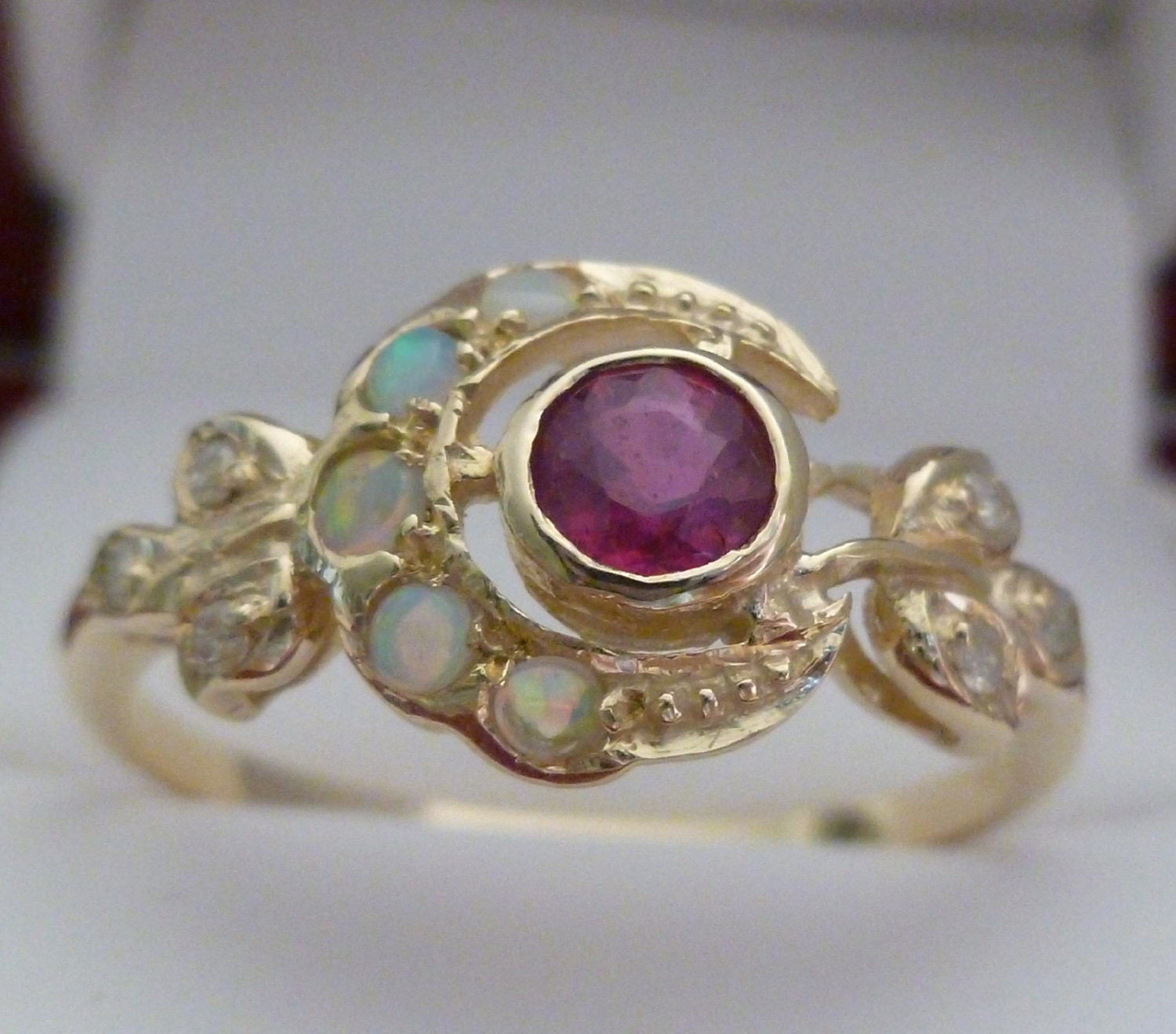 Vintage Ruby Ring 9ct 9k Gold Opal Ring Diamond Antique