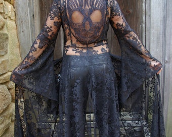 Made to Order****Black Lace Robe, Lingerie, Elegant Evening Coat, Dia de los Muertos, Skull, Day of the Dead,Black Robe