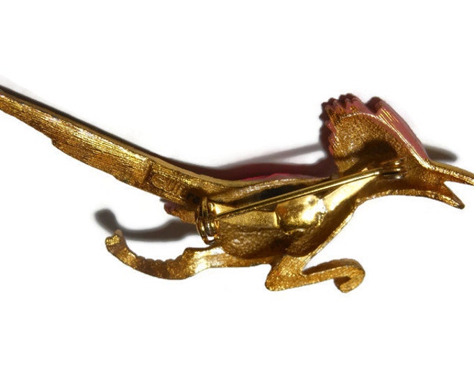 FREE SHIPPING Ultra roadrunner brooch, adorable in textured gold tone with pink enamel wings and pink rhinestone tail and plume