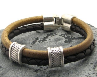 EXPRESS SHIPPING Men's leather bracelet Brown leather,natural leather multi strap men's bracelet with silver plated spacer and clasp