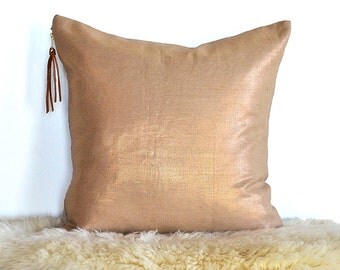 Metallic Linen Reversible Pillow Cover with Metal Zipper- Copper/ Natural