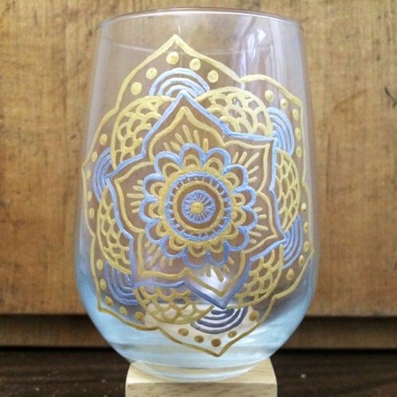 Download Hand Painted Stemless Wine Glass Mandala Silver Gold