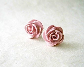 Pink Rose Earrings. Handmade Blush Pink Polymer Clay Flower Stud Earrings. Gold Dusted Rose Pink Bridesmaid Earrings. Spring Wedding Jewelry