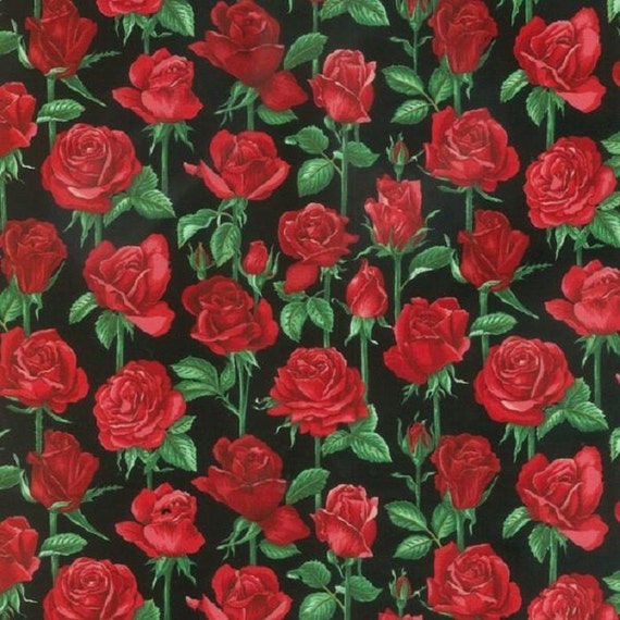 Fat Quarter Roses Are Red Stems Flowers Cotton Quilting Fabric