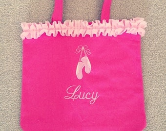 Pink ballet bag with embroirdered applique of ballet slippers and name embroidered below slippers