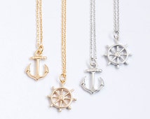 Tiny Nautical Charm Necklace, Anchor  Ship Wheel Helm  Gold  Silver
