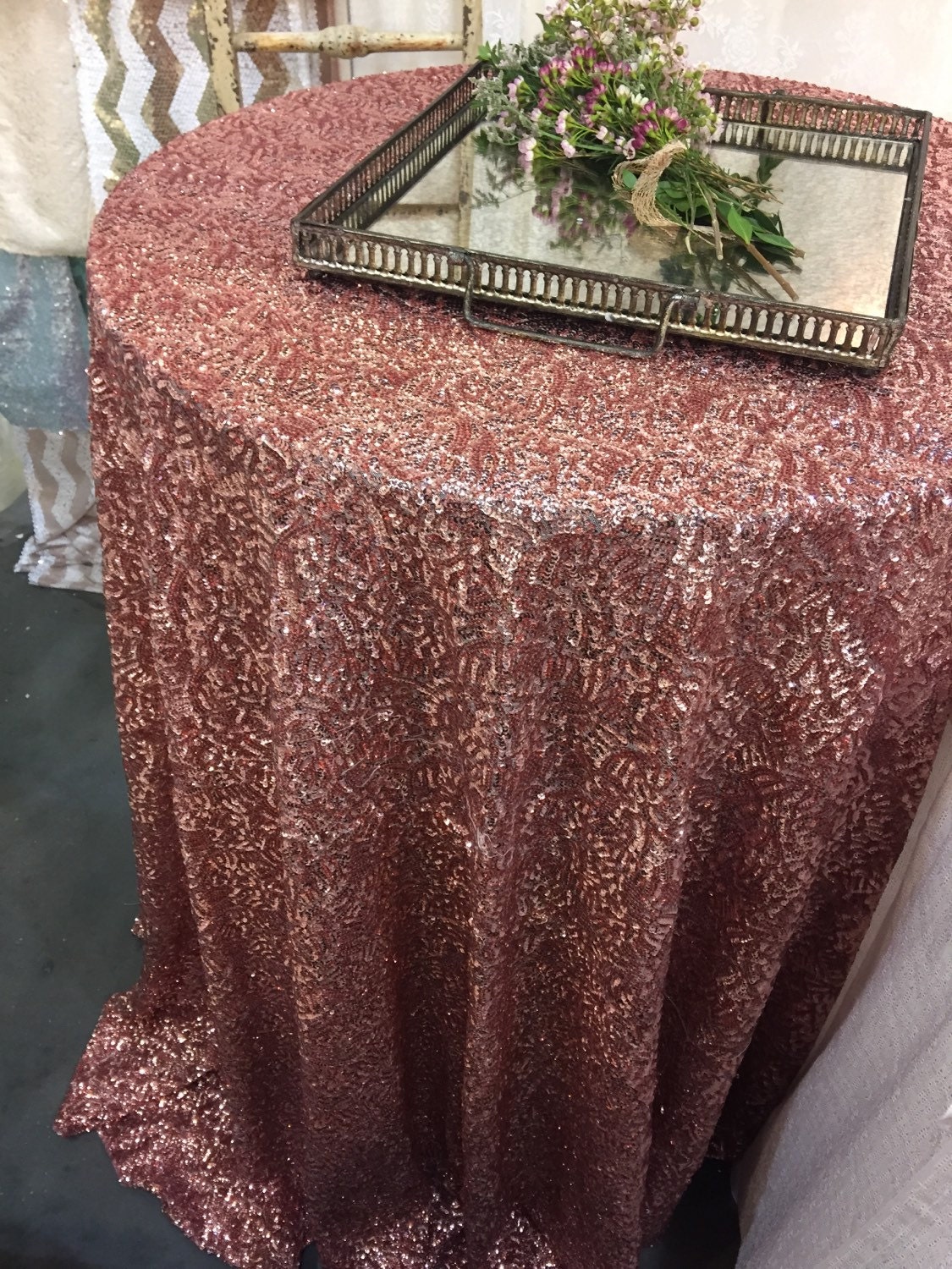 Rose Gold Sequin Tablecloth Gold Glitz 120 RoundSALE by Jessmy