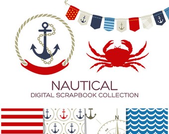 Nautical Clip Art Sailor Clipart Anchor Clipart Crab Clipart Bunting Banner Clipart Striped Paper Nautical Digital Paper Red Blue - CN00001