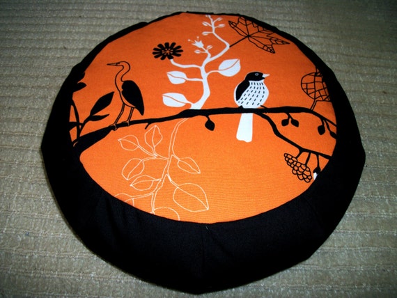 Meditation cushion. zafu. pouf. orange ikea birds print by zafuchi
