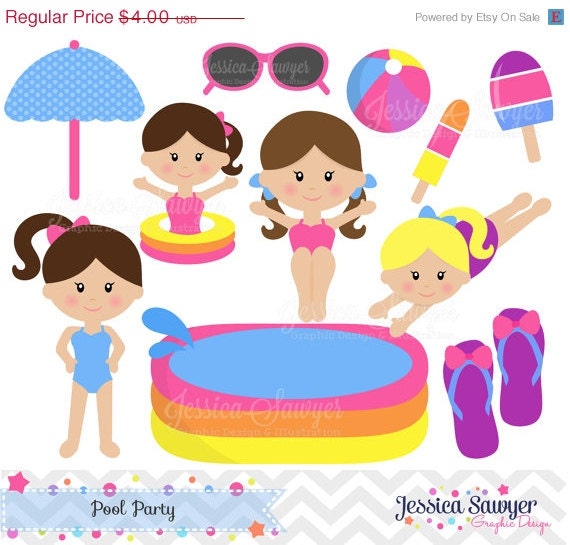 50% OFF- INSTANT DOWNLOAD, pool party clip art - kids birthday clipart - graphic - image - digital element - scrapbooking - commercial use Il_570xn