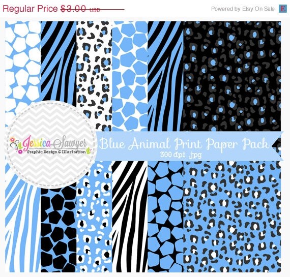 50% OFF- INSTANT DOWNLOAD, blue animal print digital paper pack - zebra printable backgrounds - leopard party papers - commercial use Il_570xn