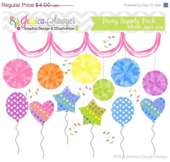 50% OFF - INSTANT DOWNLOAD, party clipart, pom pom clip art, balloon graphic, for commercial use, greeting cards, invitations, scrapbooking Il_570xn