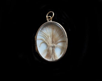 SALE-Small & Wonderful Hair Memento-Sheaf of Wheat in 18K Gold French Antique Locket Pendant-1800's
