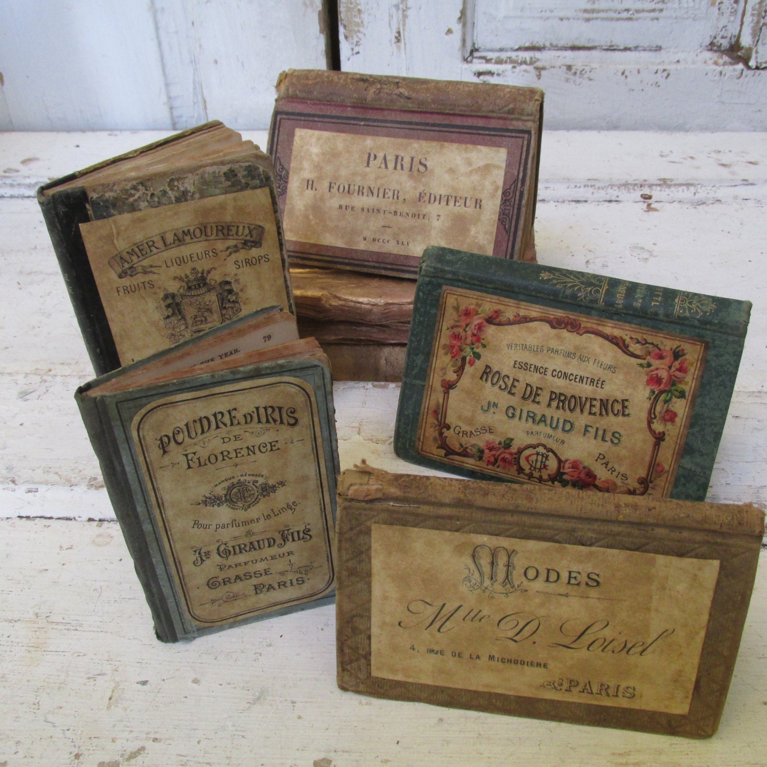 French farmhouse antique book grouping home decor decorated French farmhouse antique book grouping home decor decorated